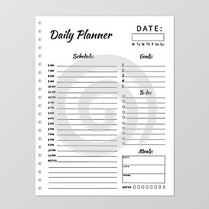 Minimalist daily planner template. Blank white notebook page isolated on grey. Stationery for education, office and planning a