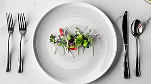 Minimalist plate of microgreens with modern table setting
