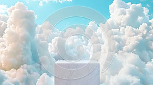 Minimalist podium against cloudy sky background for creative display concepts