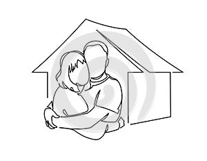 Minimalist portrait of enamored couple hugging near new house continuous line vector illustration