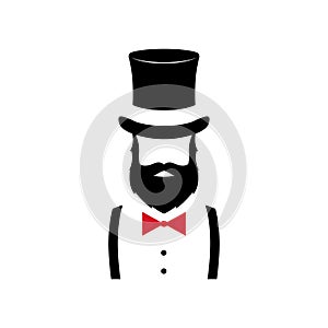 Minimalist portrait of Man with beard, wearing old-style hat and bow tie.