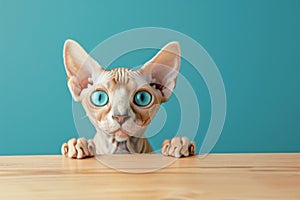 Minimalist portrait of sphynx cat puppy on blue background, small hairless egyptian feline posing