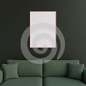 Minimalist portrait wooden poster or photo frame in modern living room wall interior design with sofa. 3d rendering