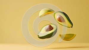 Minimalist poster featuring levitating avocado halves with minimalist text