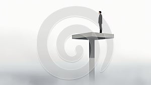 Minimalist Precision: A Man Standing On A Foggy Platform