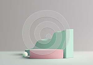 Minimalist Product Display Mockup. 3D Realistic Pink Podium Stand on Blue Pastel Wave Backdrop