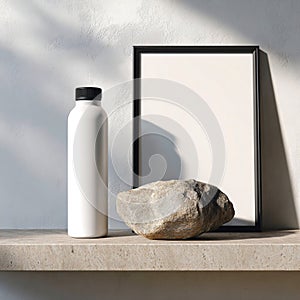 Minimalist Product Mockup White Bottle Frame and Stone