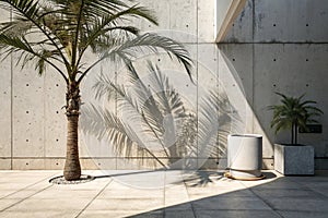 Minimalist product placement with palm shadow on concrete wall photo