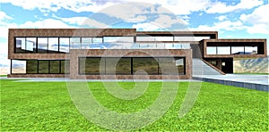 A minimalist project of a suburban low-rise office building made of old natural brick, built on a lush green lawn in an