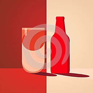 Minimalist Red Beer Bottle And Glass In Experimental Juxtaposition
