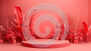 Minimalist red stage with plants and round platform