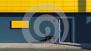 Minimalist Representation Of A Black Dog Next To A Yellow Building