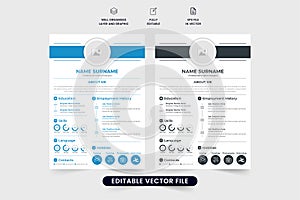 Minimalist resume and CV template vector with photo placeholders. Creative resume layout design for professional job applications