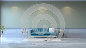 Minimalist room interior,blue sofa on wood flooring and green wall /3d render