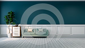 Minimalist room interior design,blue sofa with plant and wood cabinet on white flooring and green wall /3d render