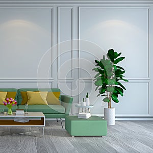 Minimalist room interior design, Green armchair and sofa on white floor and white frame wall /3d render