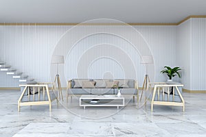 Minimalist room interior design, wood armchair and sofa on marble floor and white room/3d render