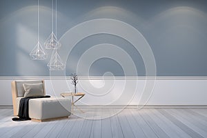 Minimalist room interior design,wood armchair with white lamp on gray wall and wood floor /3d render