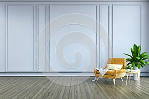 Minimalist room interior design,yellow armchair and white lamp on wood flooring and white frame wall /3d render photo