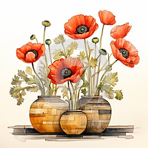Minimalist Rustic Southwest Poppy Watercolor Illustration With Pots