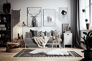 minimalist scandihome with boho accents, such as plaid and faux fur photo