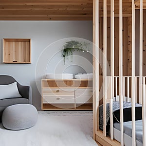 A minimalist, Scandinavian nursery with a clean, uncluttered design, natural wood accents, and soft pastels1, Generative AI