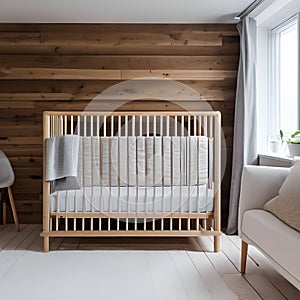 A minimalist, Scandinavian nursery with a clean, uncluttered design, natural wood accents, and soft pastels3, Generative AI