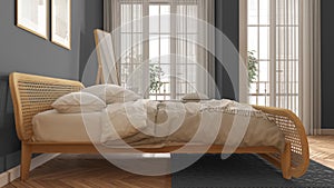 Minimalist scandinavian wooden bedroom with rattan furniture in gray tones, double bed with duvet and pillows, parquet, window,