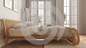 Minimalist scandinavian wooden bedroom with rattan furniture in white tones, double bed with duvet and pillows, parquet, window,