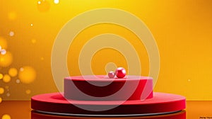 A minimalist scene featuring red cylindrical structures against a warm, radiant background