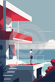 Minimalist scene man character enjoying sea landscape view on balcony or outdoor terrace, flat vector illustration.