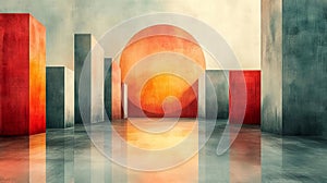 A minimalist scene with retro geometric shapes and a large red sun on a soft textured background photo