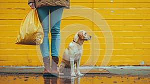 Minimalist scene showing a girl holding a bag, ready to clean up after her dog