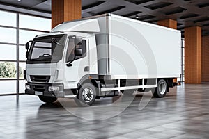 Minimalist scene white delivery truck contrasts against gray industrial flooring