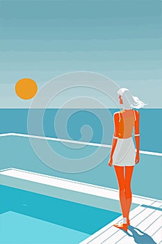 Minimalist scene woman character enjoying the pool, view to the sea or outdoor terrace, flat vector illustration.