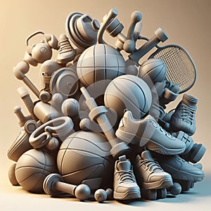 A minimalist sculpture of sports equipment arranged in a creat