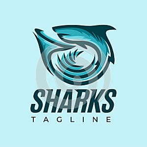 Minimalist sea shark logo design template. Modern shark cartoon mascot logo.
