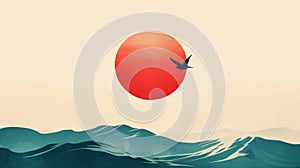 Minimalist seascape with large red sun and solitary bird