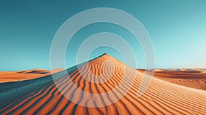 Minimalist sepia desert panorama with sand dunes under golden sunlight in late afternoon