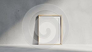 Setting with an empty wooden picture frame leaning against a plain