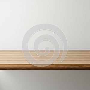A minimalist setting featuring a wooden tabletop against a plain white background. Th