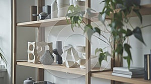 Minimalist shelving units hold carefully curated decor items including potted plants and abstract sculptures. .