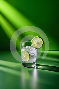 A minimalist shot of a clear glass filled with gin tonic and a slice of lime, casting a shadow on a green background photo