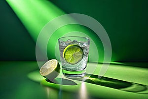 A minimalist shot of a clear glass filled with gin tonic and a slice of lime, casting a shadow on a green background photo
