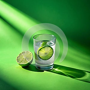 A minimalist shot of a clear glass filled with gin tonic and a slice of lime, casting a shadow on a green background photo