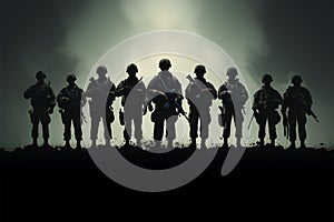 Minimalist side silhouette army soldiers disciplined shadows in profile