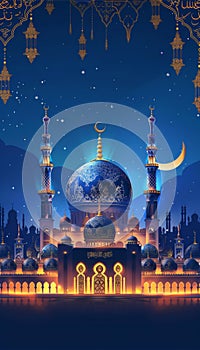 Minimalist silhouette of mosque with crescent moon in golden lines on dark background