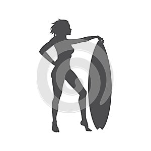 Minimalist silhouette naked sexy woman slim body standing with surf board vector illustration