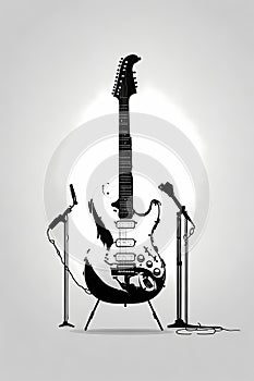 MINIMALIST SILHOUETTE VECTOR OF ELECTRIC GUITAR MUSICAL INSTRUMENTS AND MICROPHONE,WHITE BACKGROUND, SHARP EDGES