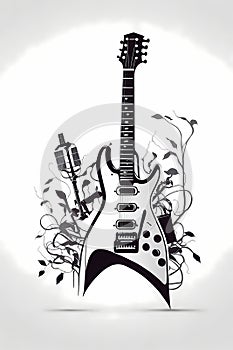 MINIMALIST SILHOUETTE VECTOR OF ELECTRIC GUITAR MUSICAL INSTRUMENTS AND MICROPHONE,WHITE BACKGROUND, SHARP EDGES